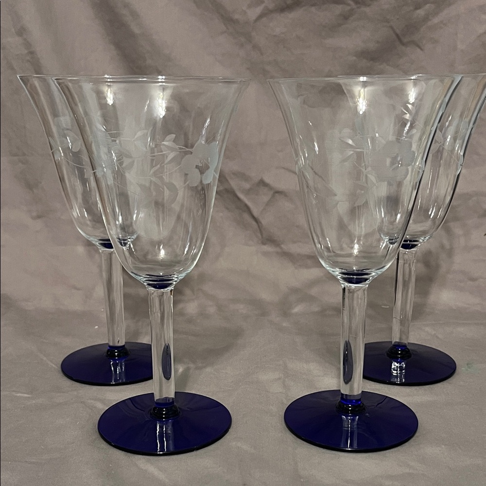 Vintage Etched Glasses 40s Cobalt Blue Base Set of 4 Etched Fern Leaf & Flower
